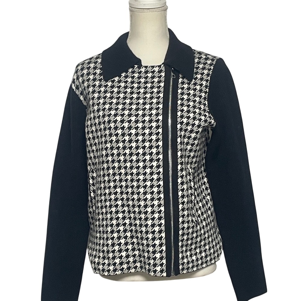 Ann Taylor Houndstooth Full Zip Moto Sweater Jacket Women's Medium